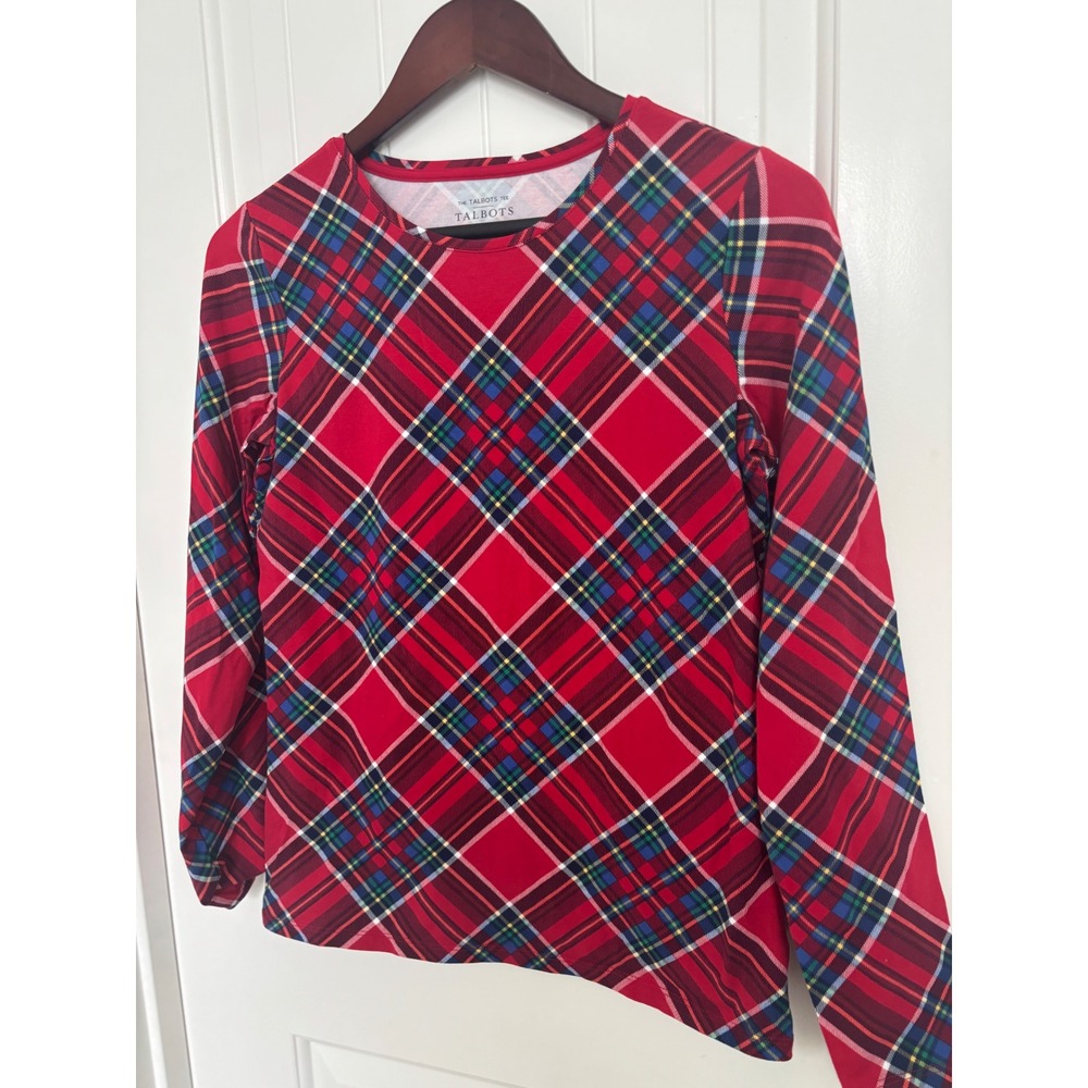 Talbots Plaid Long Sleeve Tee Top Crew Neck Cotton Blend Red‎ Size XS NWT